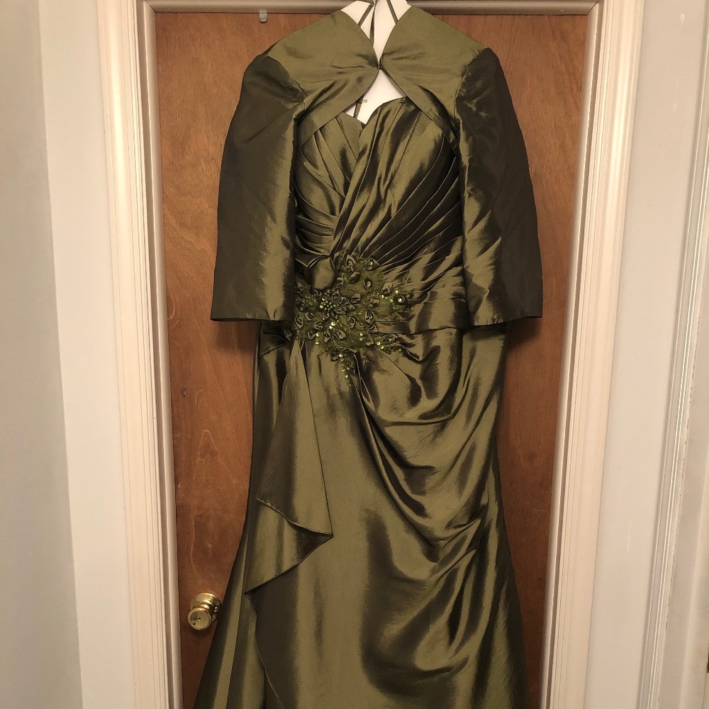 Green satin mother of the groom dress with beading